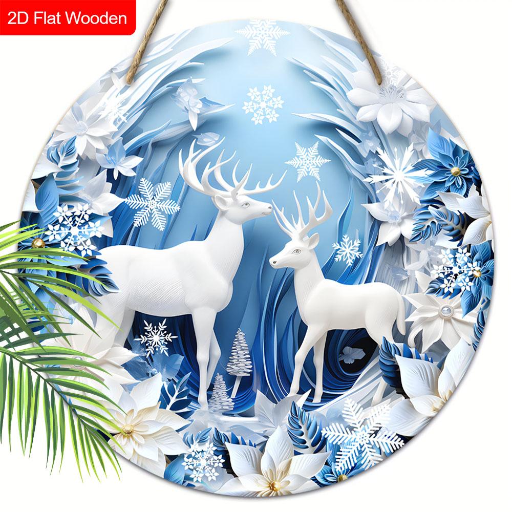 Warm Winter Wooden Christmas Sign with White Elk Pattern - Navidad Round Sign for Balcony, Front Door, Wall Hanging Decor - Ideal Christmas Decoration