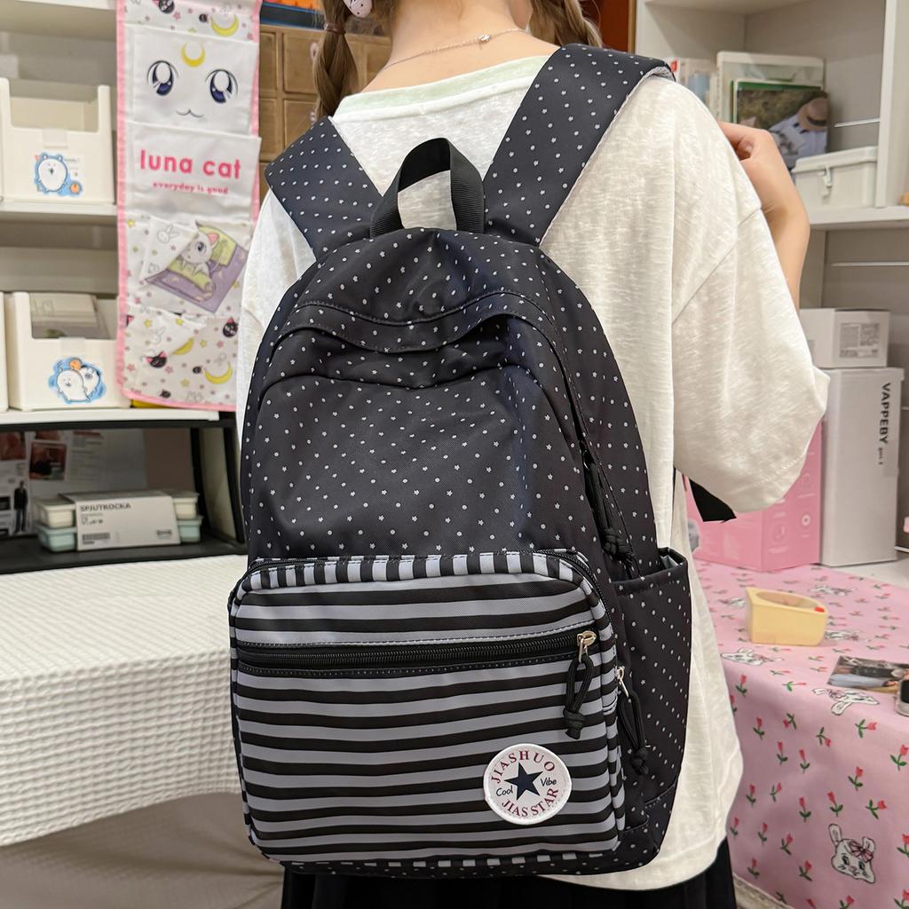 Cartella: Zaino scolastico a righe blu e pois blu mare, zaino da campus alla moda, grande capacità, leggero, zaino versatile ed elegante
