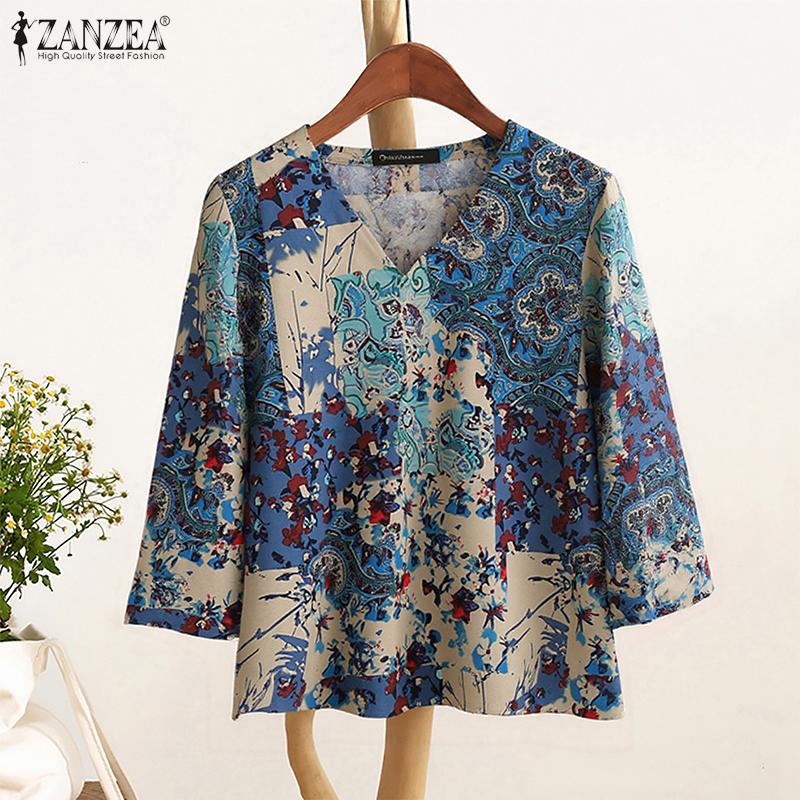 ZANZEA Blusa Casual de Mujer con Cuello en V Suelta Manga 3/4 Estampada