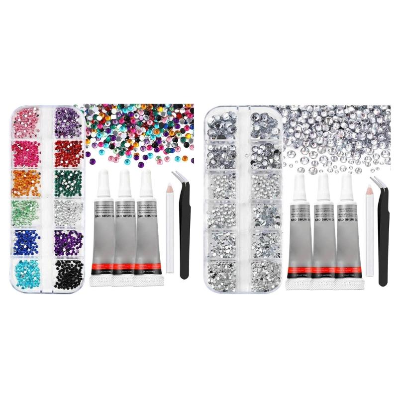 12 Color Transparent Nail Art Rhinestones Kit With 6 Shapes For DIY Manicure Includes Tweezers And 3 Glues