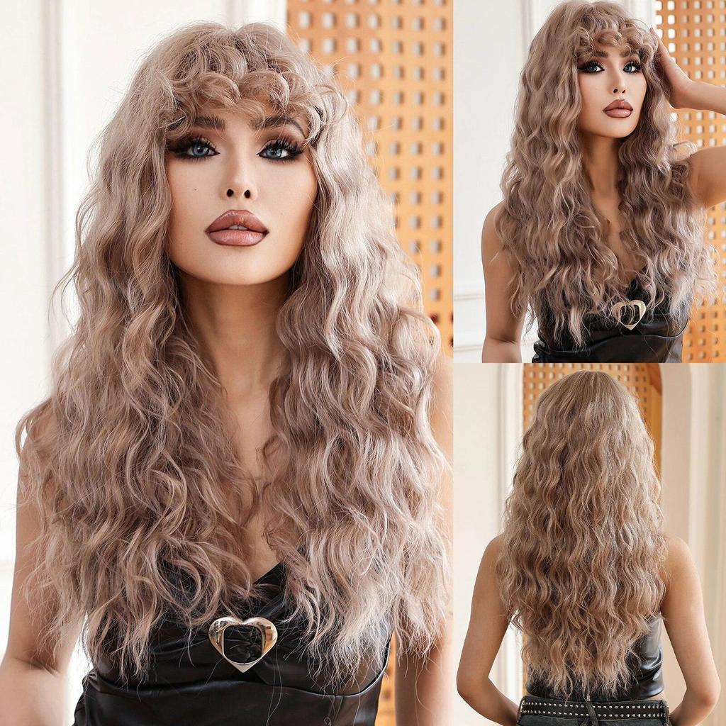 ALAN EATON Ombre Blonde Curly Wigs with Bangs Long Wave Synthetic Full Wig Cute Party Cosplay Wig High Temperature Fake Hair
