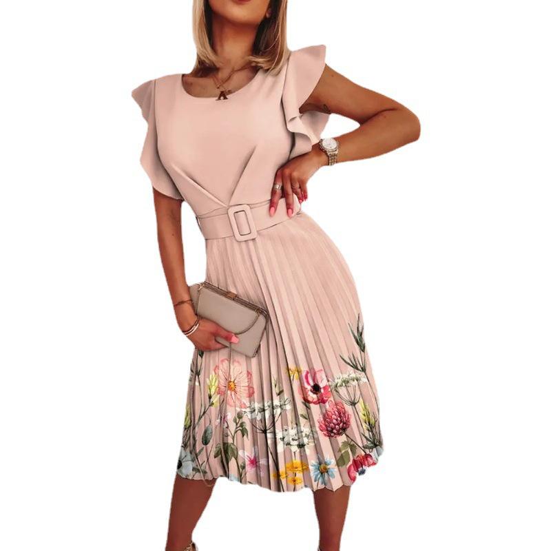 European & American Women's Ruffled Round Neck Dress with Printed Fitted Waist