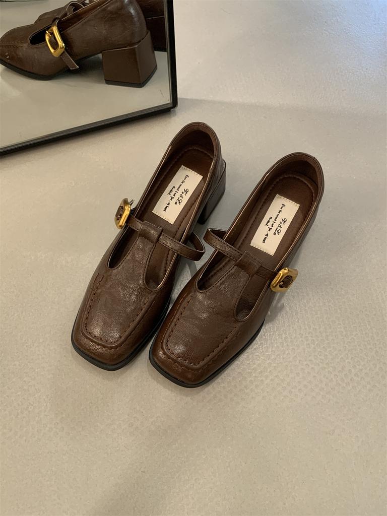 French Retro Square Head Thick Heel Single Shoes Female Spring and Autumn New Evening Wind Korean Version Fairy High Heels Mary Jane Small Leather