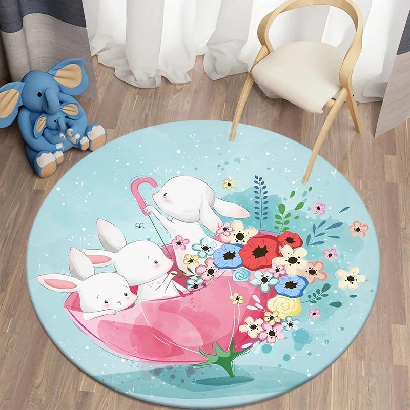 Cartoon Rabbit Girl Animal Flowers Round Carpet Cute Bunny Mouse Circle Rug Home Bedroom Living Room Floor Mat Chair Pad Doormat