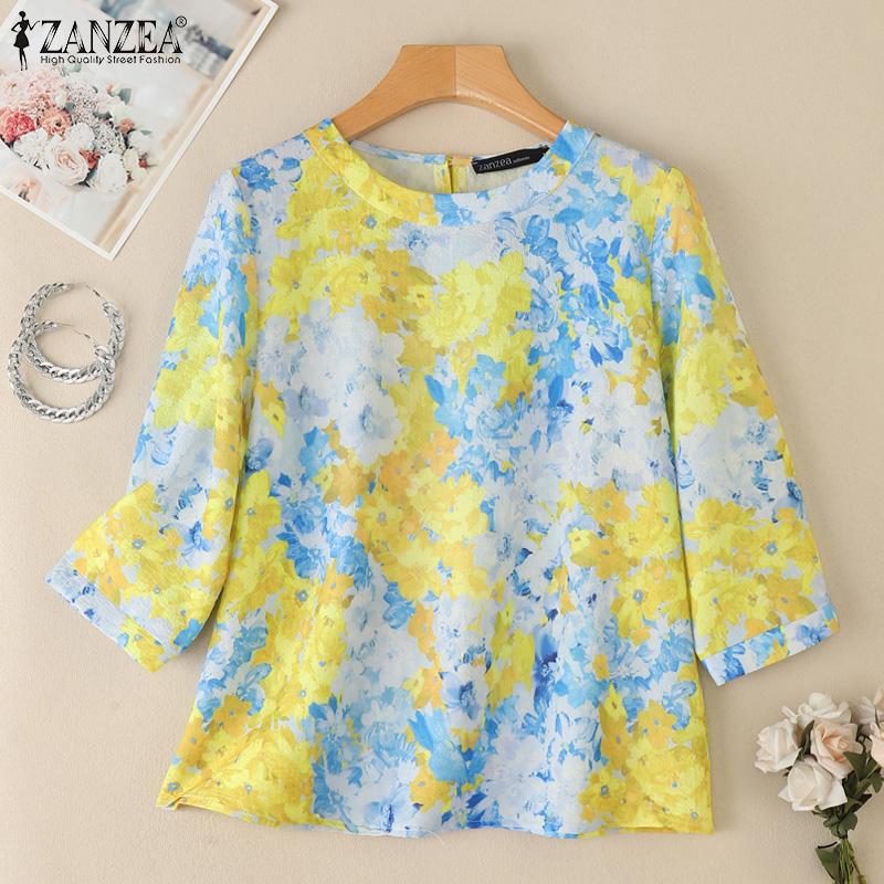 ZANZEA Women Summer Round Neck Casual 3/4 Sleeve Loose Print Blouse