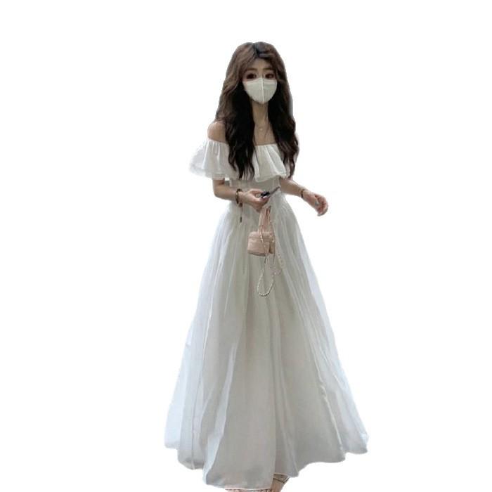 Summer vacation style French first love ruffle leaf edge shoulder dress women's small white dress waist thin backless dress