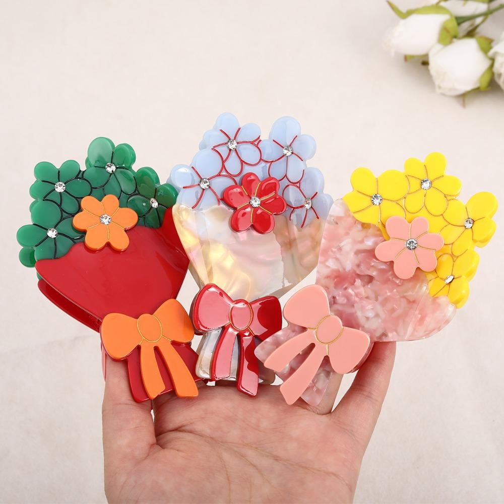 Elegant Flower Hair Clip Vintage Rhinestone Crab Clip Acetate Bouquet Hair Claw  Holiday