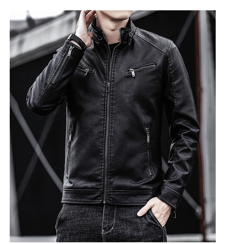 NOMSOCR Leather Biker PU Plus Men's Jacket, Outerwear, Blouson, Leather, Stand-Up Collar, Windproof, Simple, Sizes, Spring/Autumn (XL, Black)