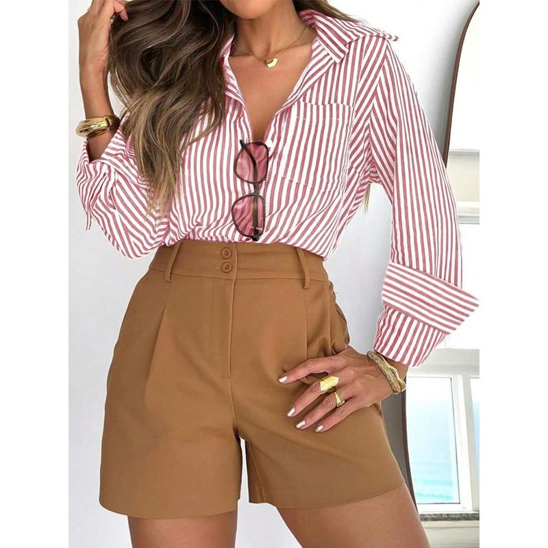 Women's Spring Autumn Striped Buttons Shirt Long Sleeve Casual Office Work Blouse Pocket Fashion Elegant Loose Simple Tops Vintage Clothing