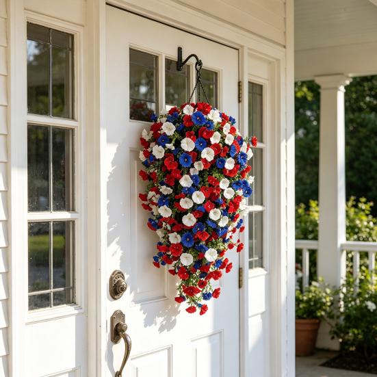 Artificial Red White Blue Flowers, Patriotic Hanging Flowers, UV Resistant Artificial Morning Glory Flowers, Fake Greenery Garland for Home Porch Yard
