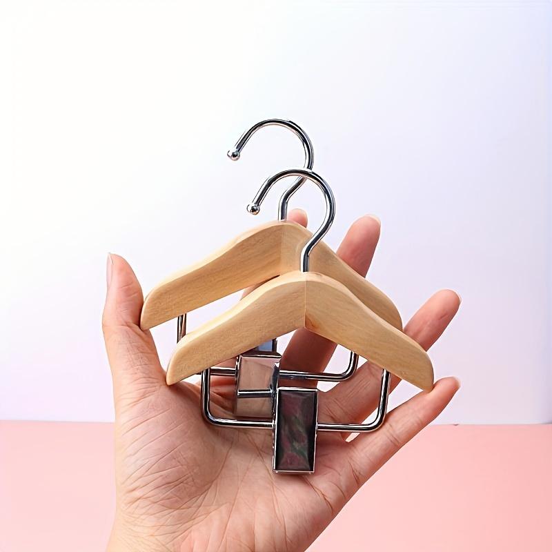 3PCS Mini Wooden Clothes Hangers with Stainless Steel Clips - Pet Apparel & Accessories Hanging Storage Rack, Polished Finish, Space-Saving Design