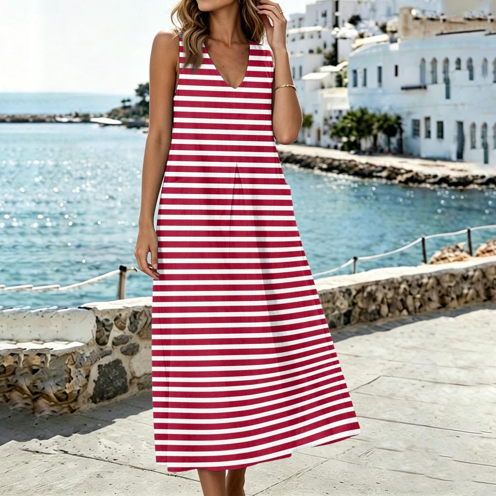 Fashionable Women's U-neck Sleeveless Pocket Slit Vest Cotton Linen Dress