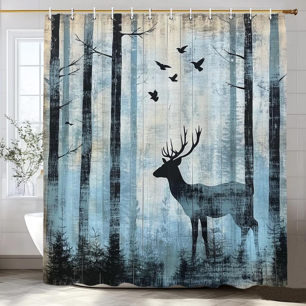 1Pc Forest Animal Deer Shower Curtain, Bathroom Decorative Shower Curtain, Printed Polyester Fabric Shower Curtain With Hooks