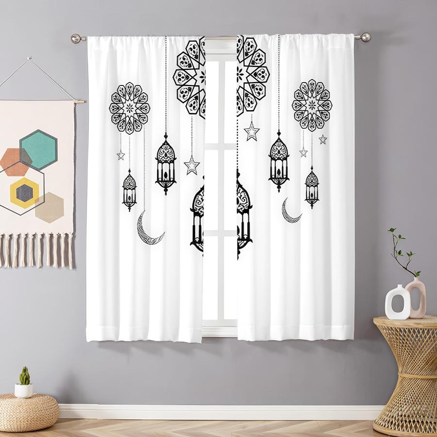 2pcs Black Islamic Pattern Lantern & Crescent Curtains, Perfect for Ramadan/Eid Window Decor, Rod Pocket Curtains