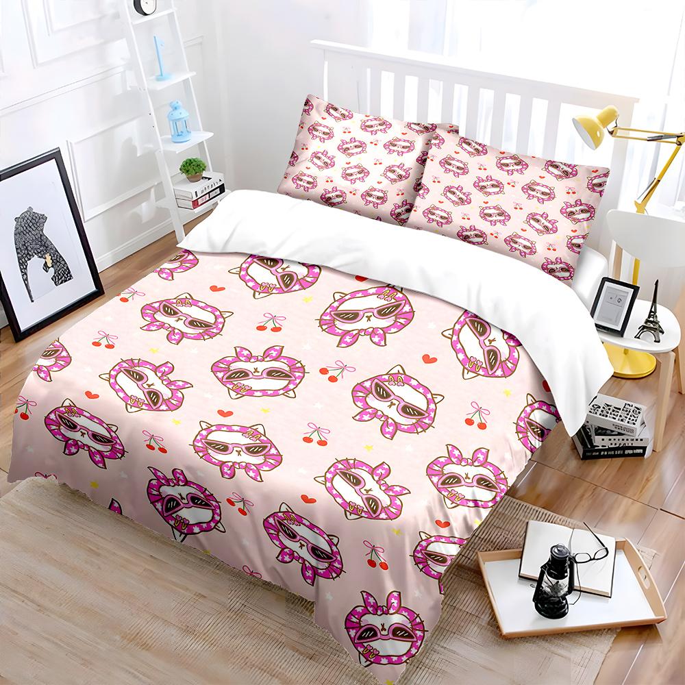 Cartoon Cat With Cherry Design Pattern Duvet Cover Set Digital Print Colorful Polyester Bedding With Zipper Closur For Kids Gift