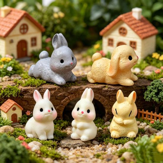 Mini Rabbit Figurine Resin Miniature Sitting Lying Bunny Statue Animal Collectible Sculpture Micro Landscape Dollhouse Decoration