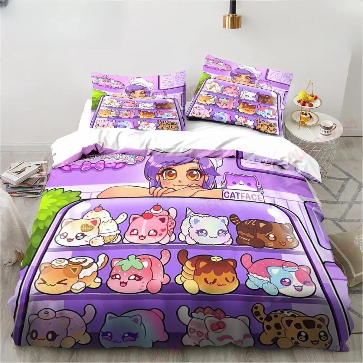 Nouveau Ensemble de Literie Dessin Animé Jeu Mignon Aphmau Impression 3D Taille Simple/Jumeaux/Double/Queen/King Literie Adulte Housse de Couette Ensemble Cadeau Anime 135x200cm (2pcs)