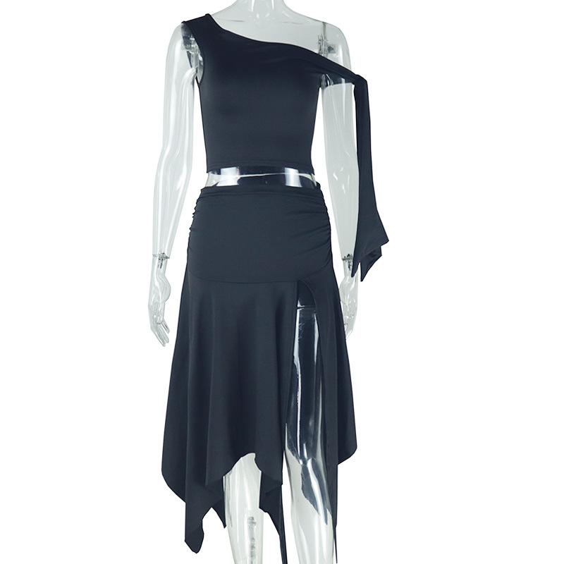 

Европейский и американский стиль модный женский однотонный комплект юбок сексуальный без рукавов одно плечо топ разрез юбка S чёрный