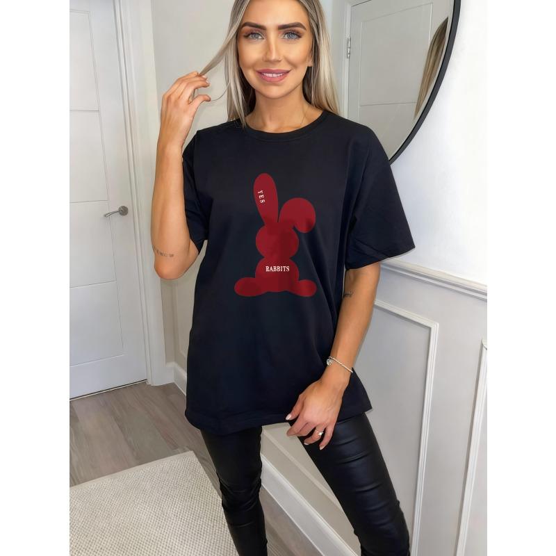 Oversized T Shirt Black Red Rabbit Silhouette With Yrs And Rabbits Text Casual Streetwear Fashion For Women Summer Outfits