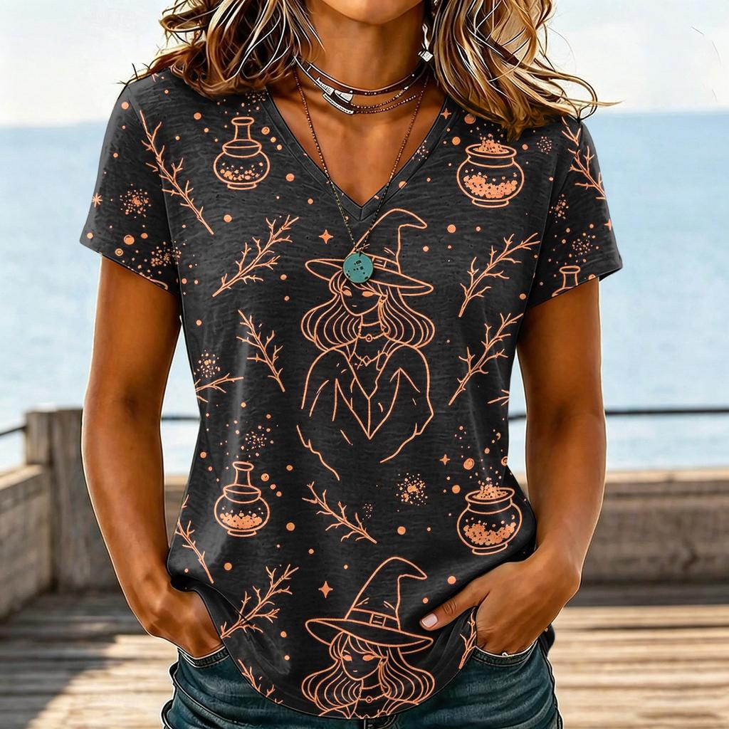 Women's Casual V-Neck Halloween Printed T-Shirt for Holiday Party and Everyday Wear