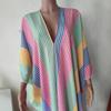 VEZFAA Women's Fashion Summer Spring Stripe Print 3/4 Sleeves V-Neck Loose Waistline Casual Dresses