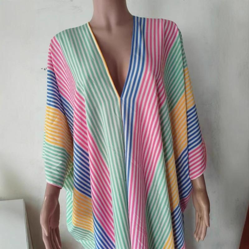VEZFAA Women's Fashion Summer Spring Stripe Print 3/4 Sleeves V-Neck Loose Waistline Casual Dresses