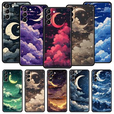 Moon Cloud Comic Style Soft Phone Case For Samsung Galaxy S25 Edge S24 Plus S23 FE S22 S21 S20 Ultra 5G S10 Black Protect Cover