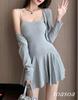 TOASOA Casual Camisole Mini Long Sleeve Set Women's Dress, Dress, Cardigan, 2-Piece (03 - XL, Gray)
