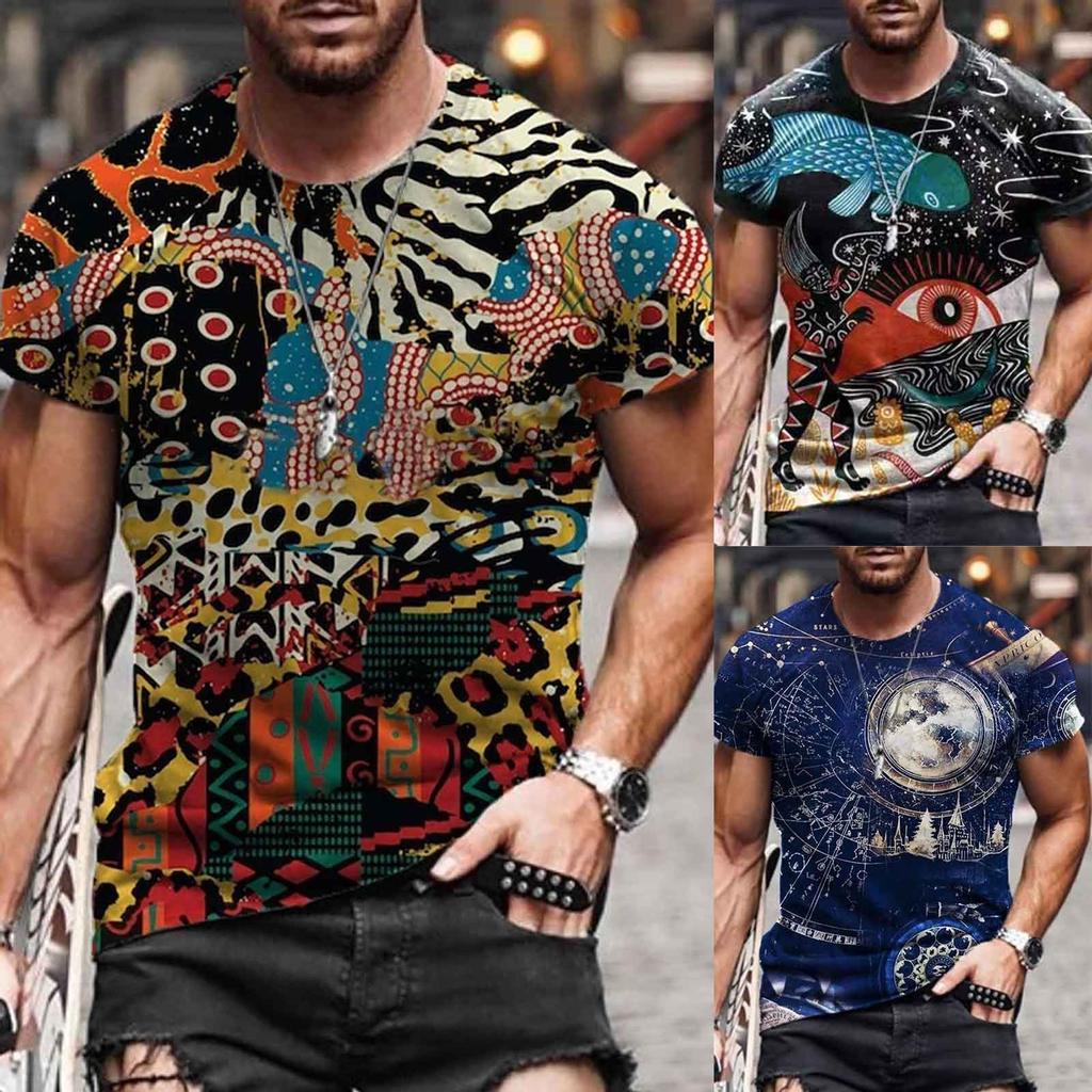 Men's Summer Casual 3D Printed Short Sleeve Round Neck Top T-shirt Blouse