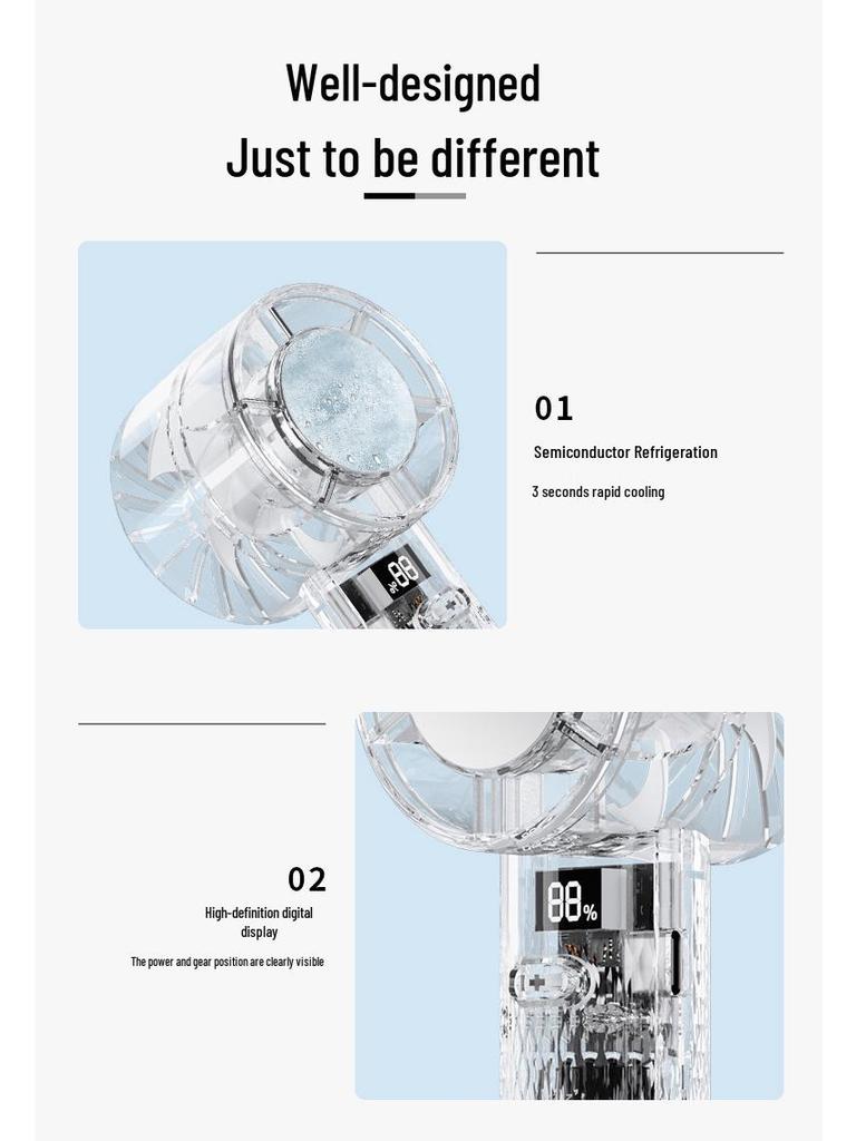 2026 Portable Mini Turbo Refrigerating Fan with Transparent Digital Display and Semiconductor Cold Compress