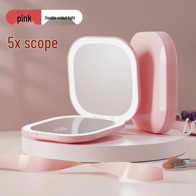 Compact Rechargeable Cosmetic Bag with LED and Foldable Handheld Makeup Mirror for Female Students