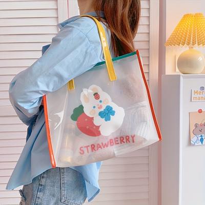 1pc Transparent Jelly Bag Women's Summer Travel Carrying Bag Cartoon Cute Bear Rabbit Large Capacity Transparent Shoulder Bag for Beach Bag.