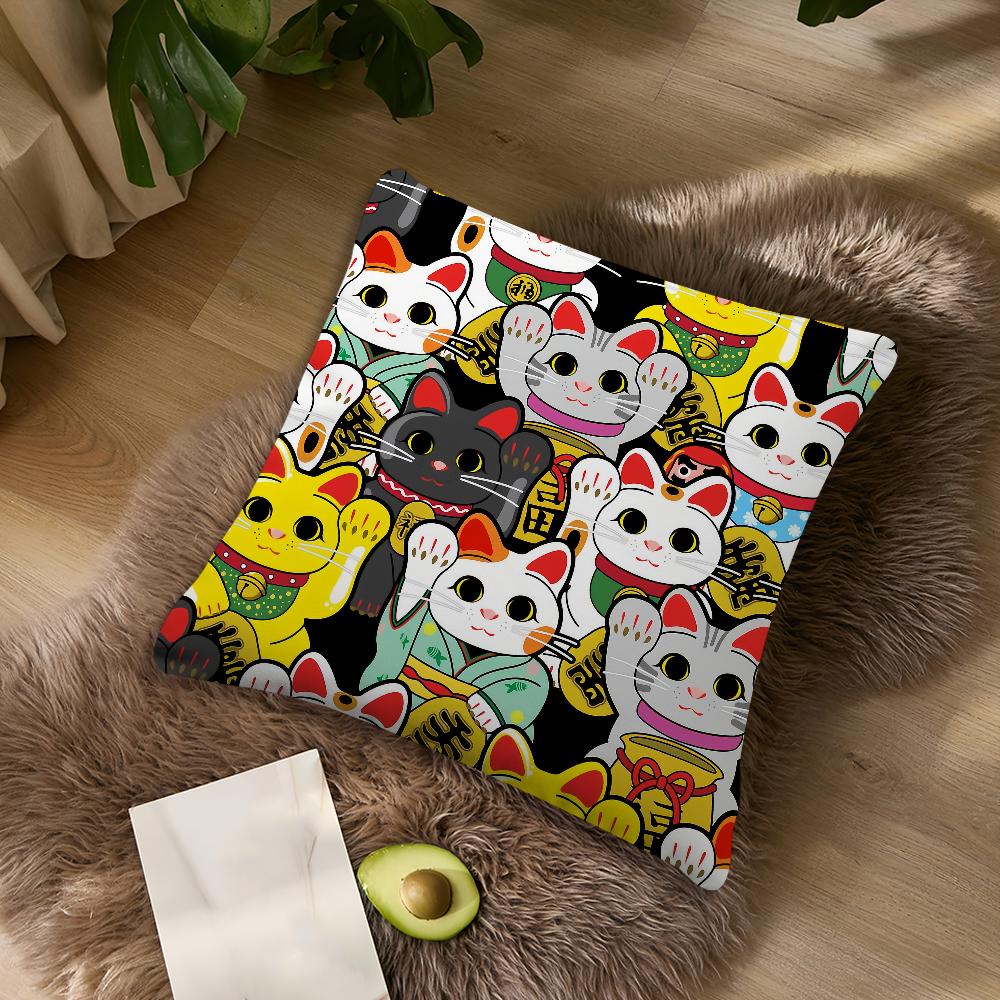 Maneki Neko Rich Luck Money Cat Cushion For Bedroom Car Coffee Shop Room Soft and Living Room Sofa Decorative Pillow Cover Case