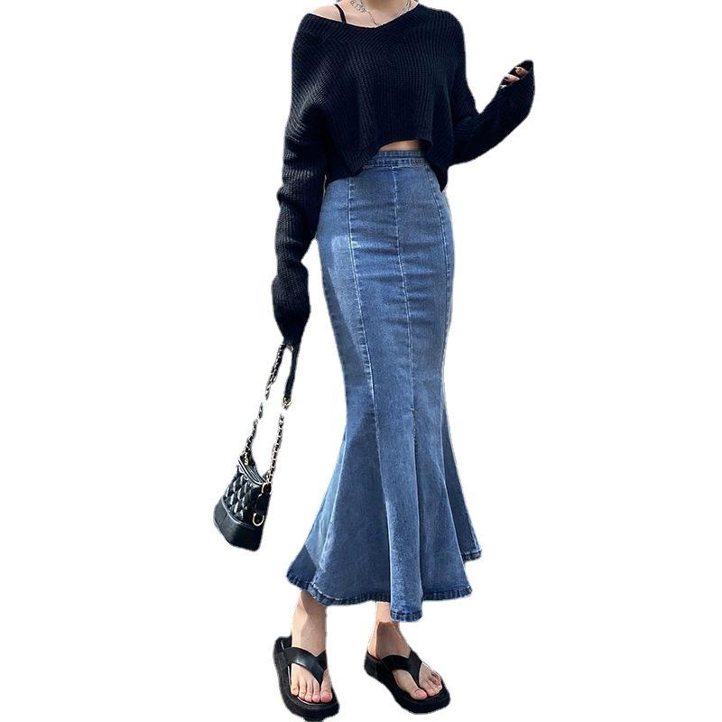 Blue Package Hip Women Summer High Waist Slim Stretch Hundred Thin Design Side Split Fishtail Skirt Versatile Comfortable Fashion Denim Bustier Skirt