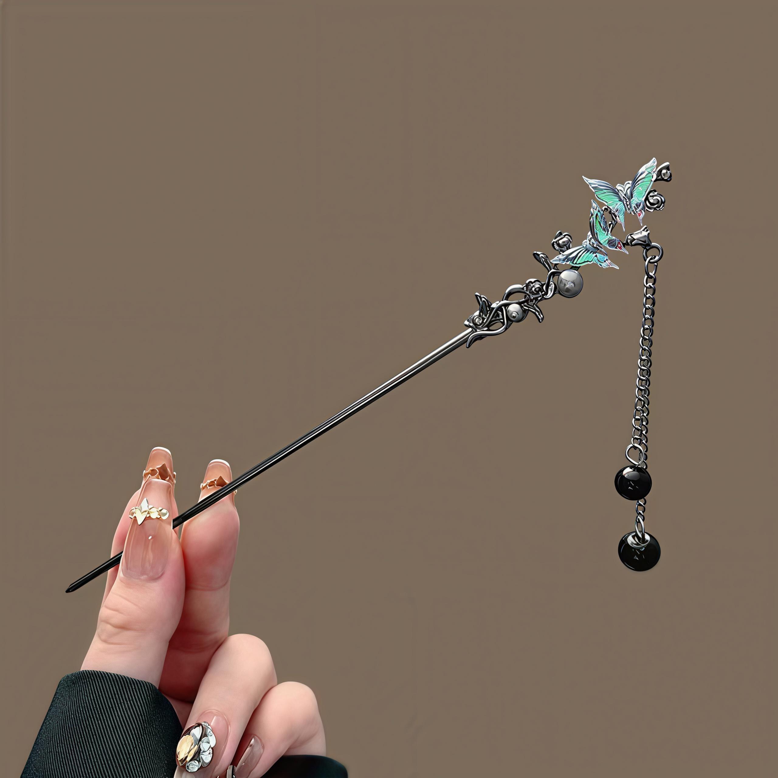 

Classic Hair Stick Chopsticks Ink Color Flower Metal Fringe Hairpin For Women Pearl Black Beads Cheongsam Hair Bun Gifts