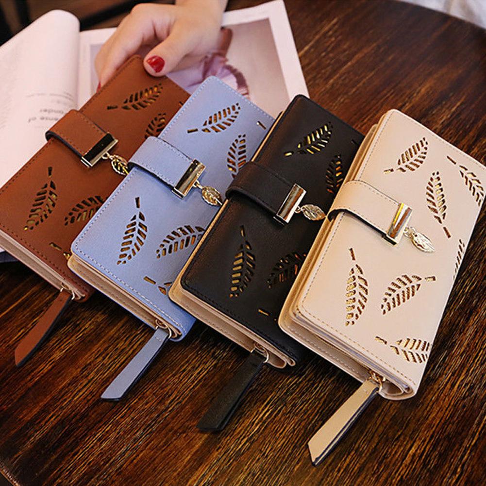 Gold Hollow Leaves Long Wallet, Buckle Decor Foldable Handbag, Women'S PU Leather Clutch Purse