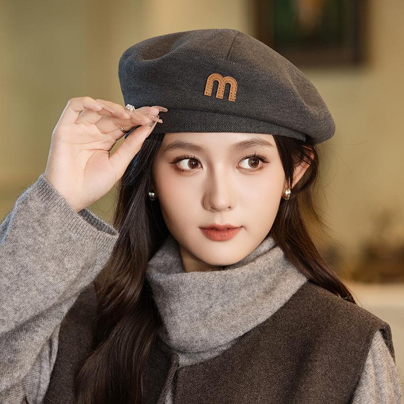 Japanese Retro M mark Versatile Solid Color Beret Autumn and Winter Outdoor Leisure Windproof Octagonal Hat British Style Painter Hat