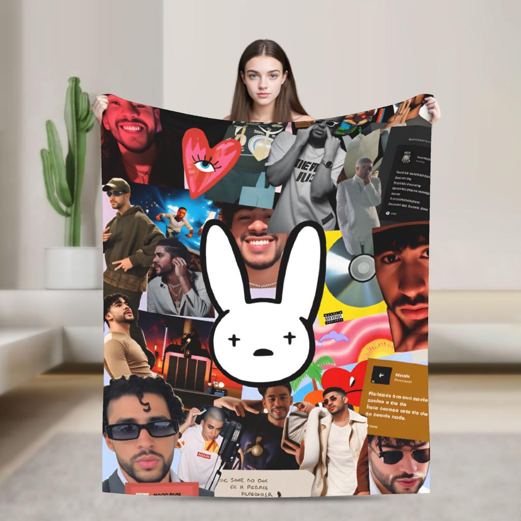 Zanger Bads Bunnys Deken Kwaliteit Warm Beddengoed Plaids Winter Picknick Buiten Grappig Sprei