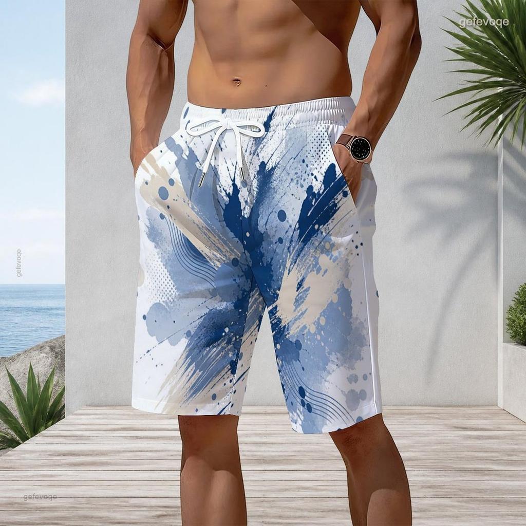 Men s Plus Size Abstract Printed Beach Shorts Drawstring Waist Side Pockets Straight Leg