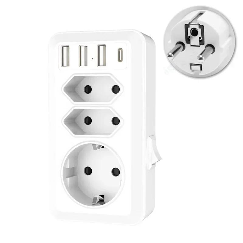 EU Socket With USB And 3 AC Outlets Power Converter Swtich Control 100-240V 16A Wall Socket Standard Plug Adapter Extension