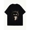 Koszulka oversize czarna wściekły czarny kot trzymający kubek kawy nadruk casualowy do noszenia na co dzień