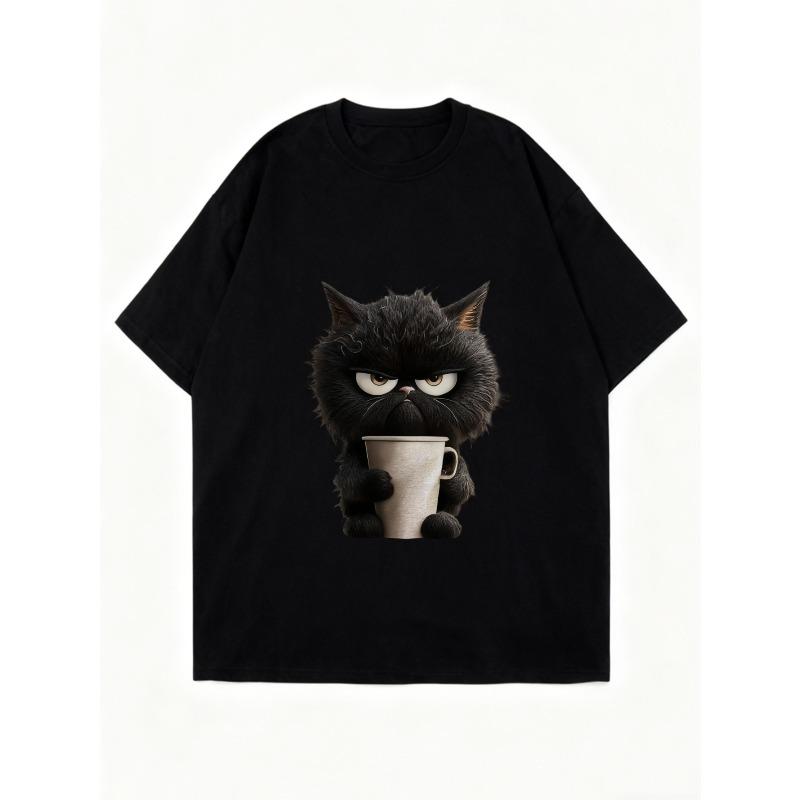 Oversized T Shirt Black Angry Black Cat Holding Coffee Cup Print Casual Everyday Wear