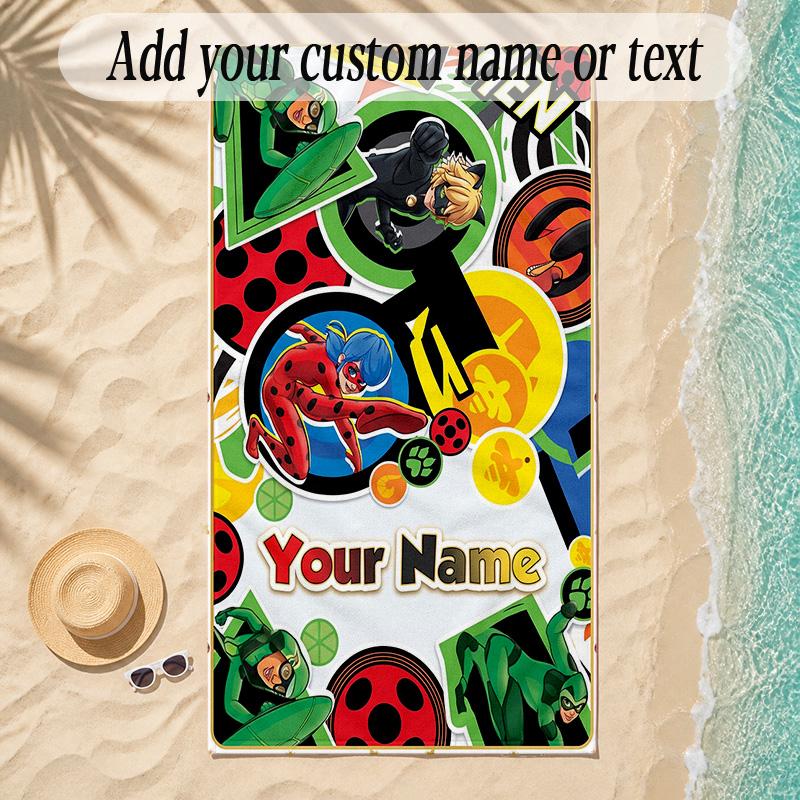 Beach TowelMiraculous Ladybug Custom Name Text Personalized Soft Towel for Beach Pool Indoor Home Decor Gift