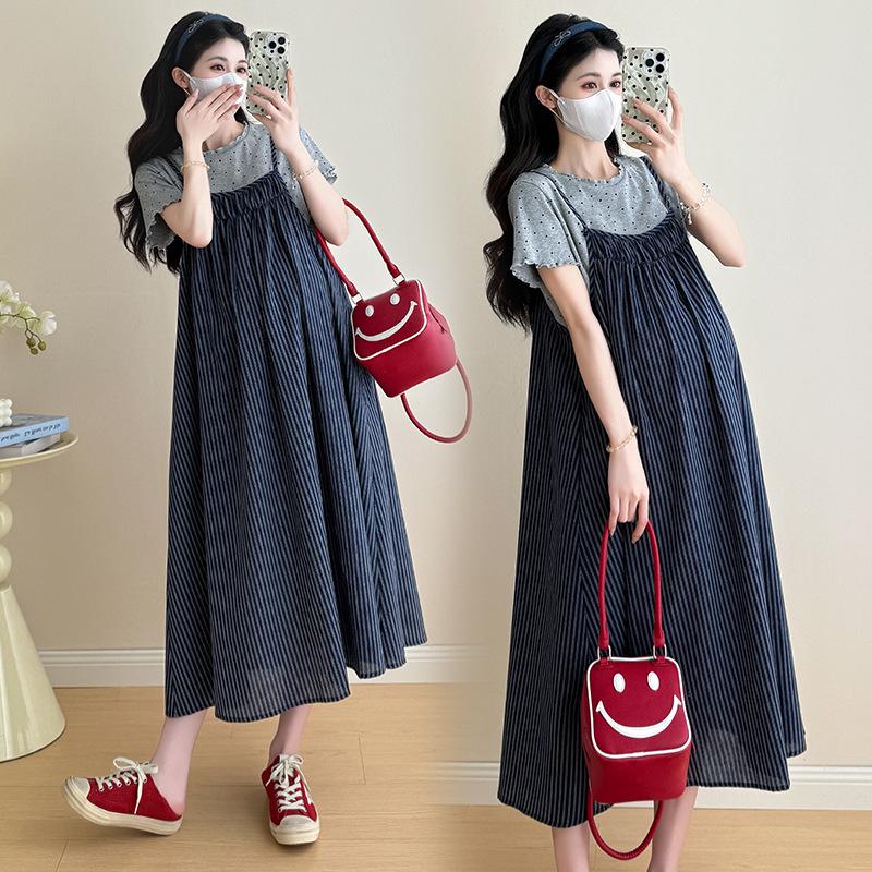 Korean Maternity Set: Polka Dot Cotton Tee + Striped Suspender Dress