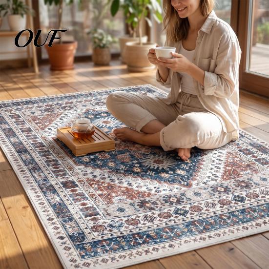 Vintage Ethnic Pattern Floor Decor Area Rug, 6 x 4Ft Living Room Soft Washable Low Pile Non Slip Mats for Persian Style Indoor Carpet with Backing