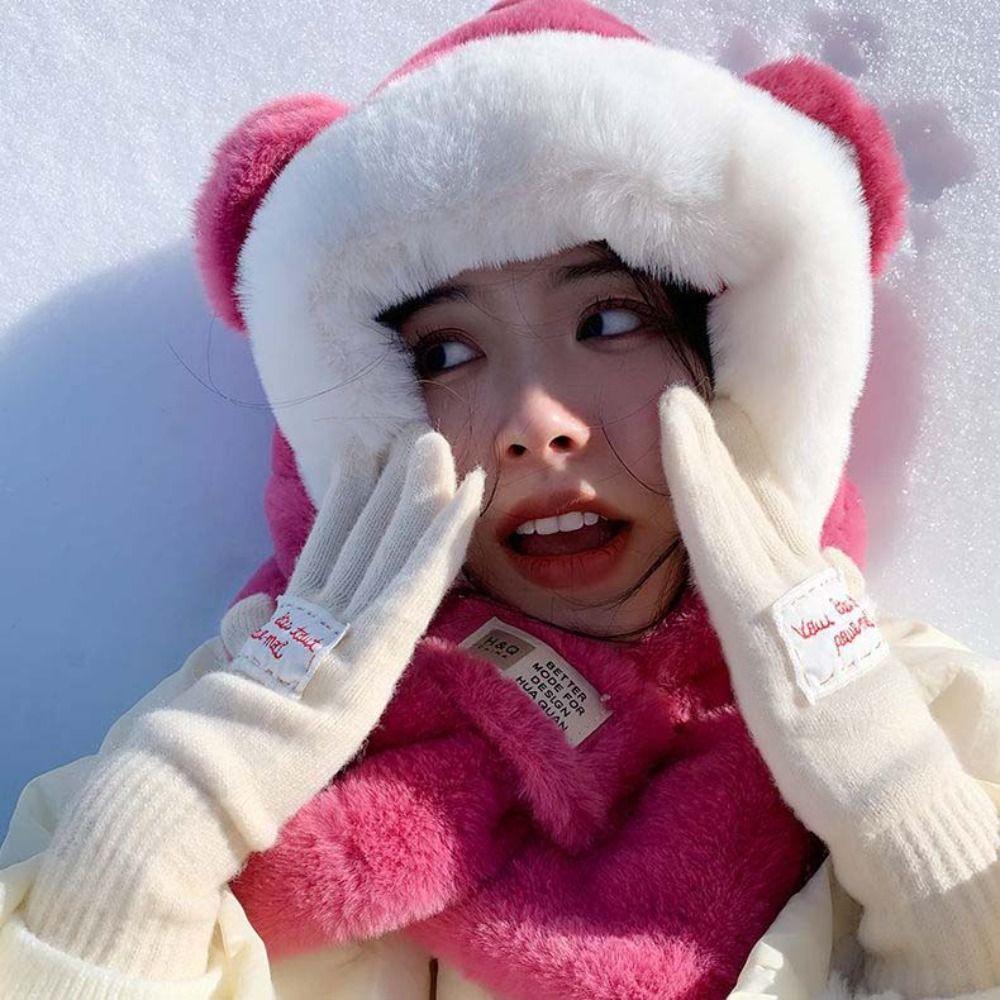Conjuntos de Chapéus Fofos e Luvas Chapéu Lei Feng Chapéu de Urso de Pelúcia Protetores de Orelha de Inverno Mulheres Meninas