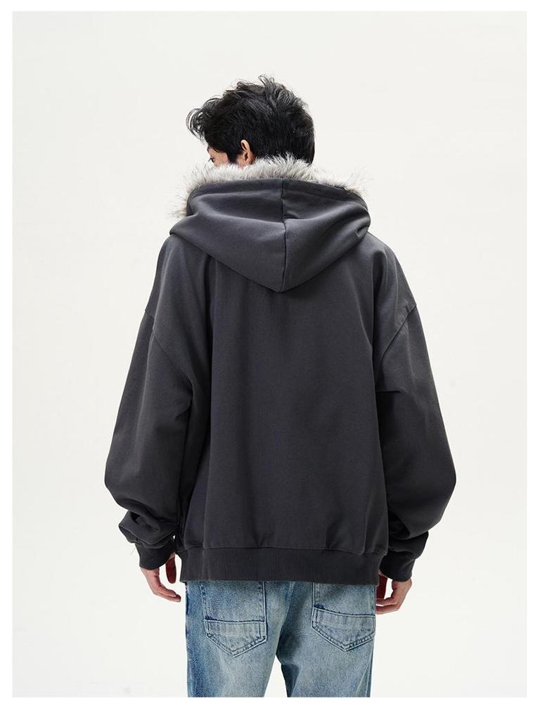 American Retro Oversized Fur Collar Couple Hoodie Cardigan