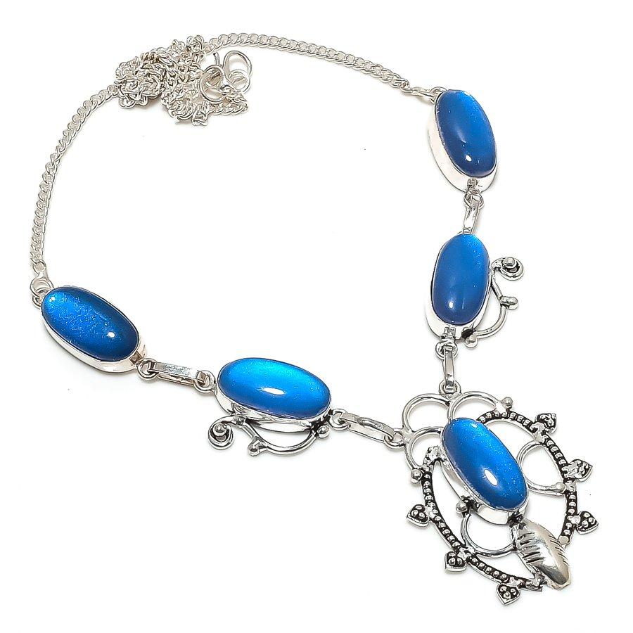 Natural Blue Triplet Opal Gemstone 925 Sterling Silver Jewelry Necklace 18" y8q43