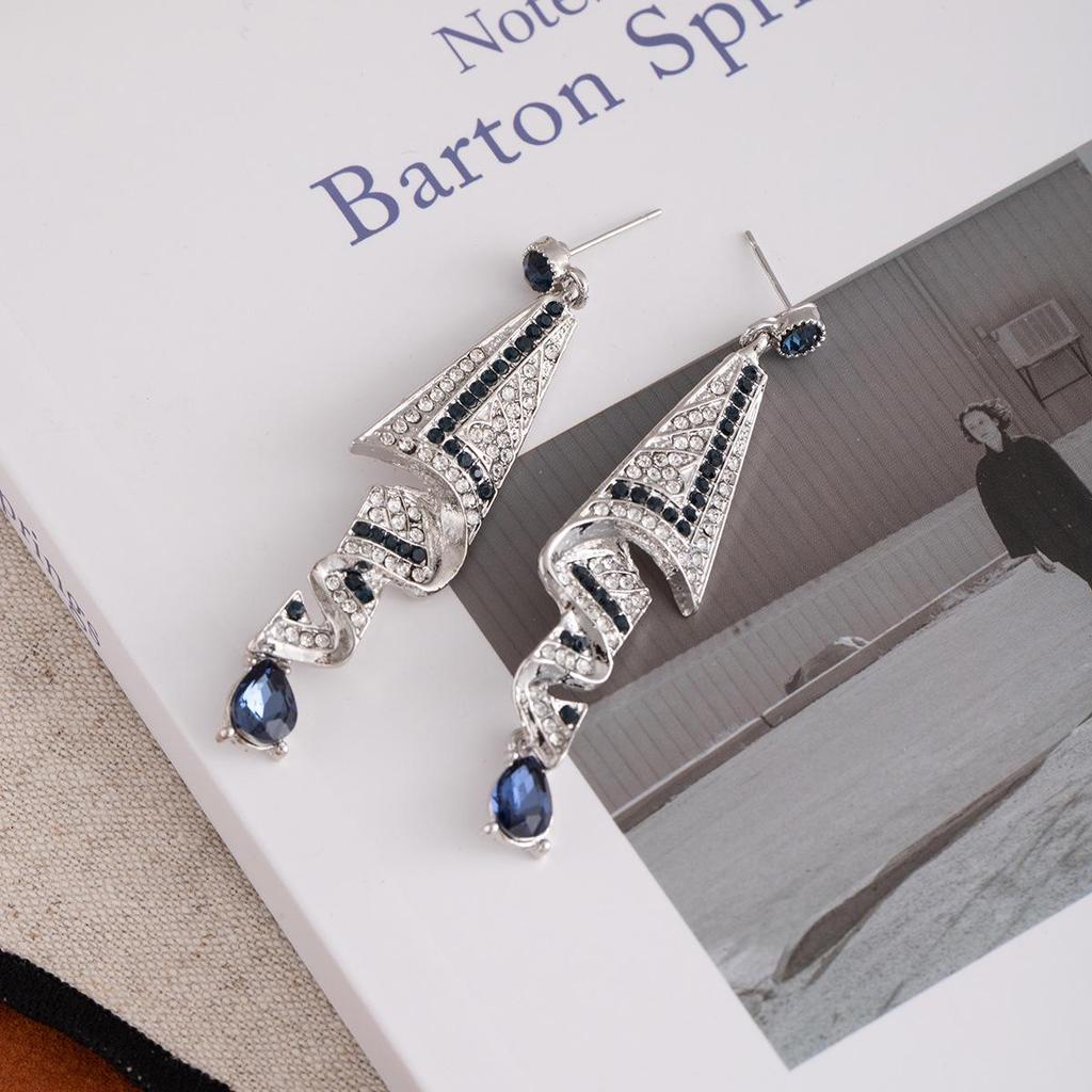 Elegant Blue Crystal Drop Tassel Stud Earrings for Women
