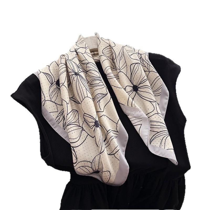 Sketch Flower Simulation Silk Printing Silk Scarf Small Square Scarf Premium Shawl Sunscreen Neck Scarf Headscarf Female